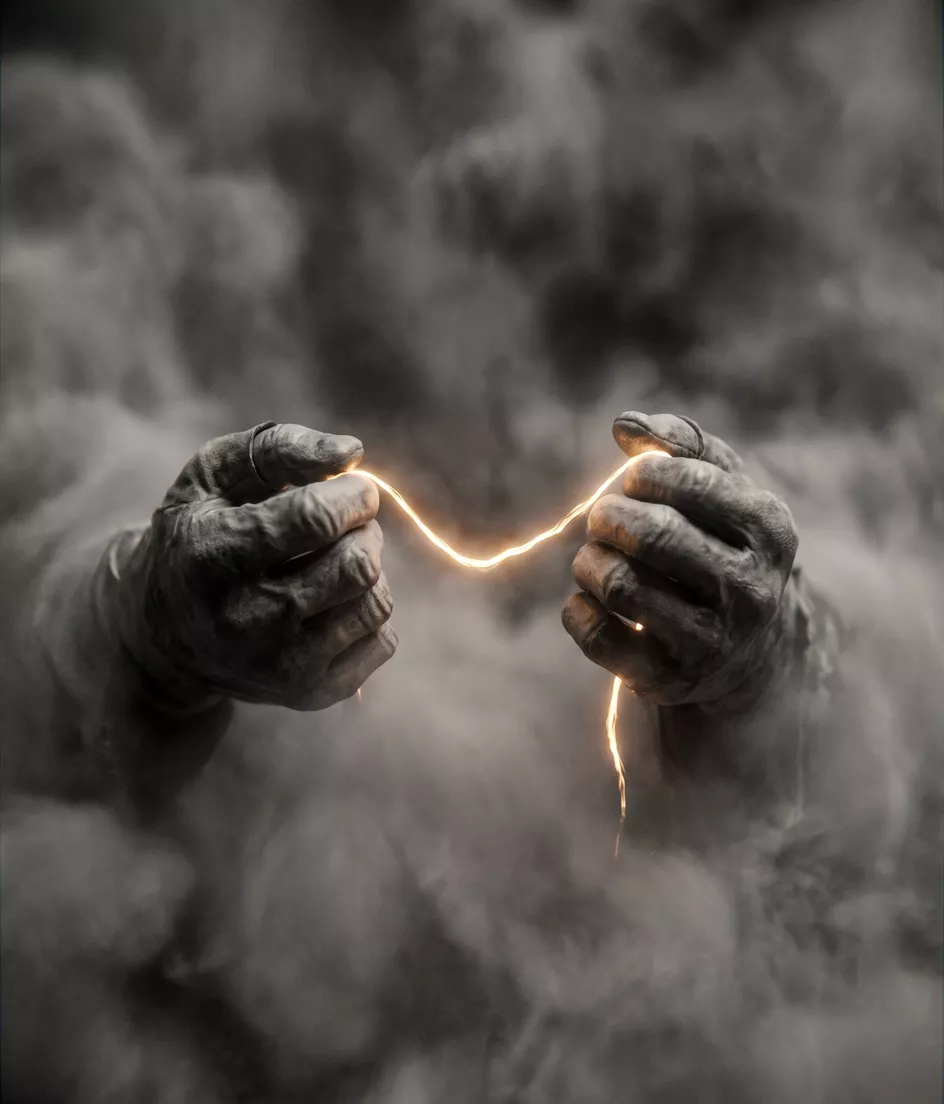 Hands pulling a glowing thread out of fog