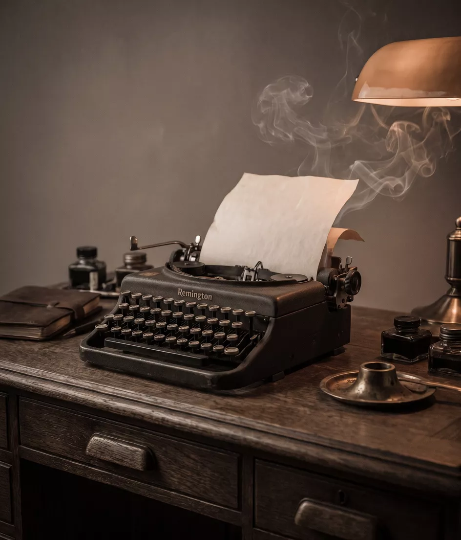 A typewriter page curling into smoke