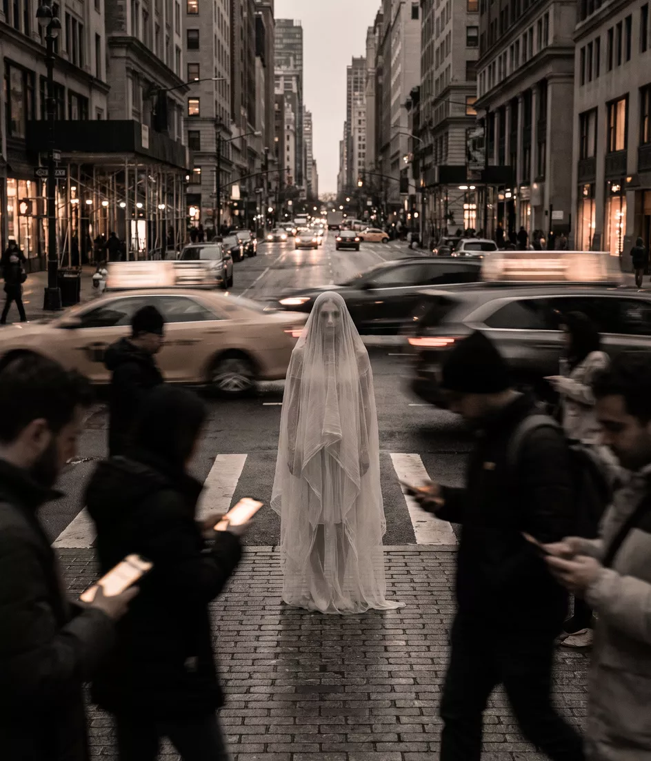 A still ghost-like figure in a blurred city crowd